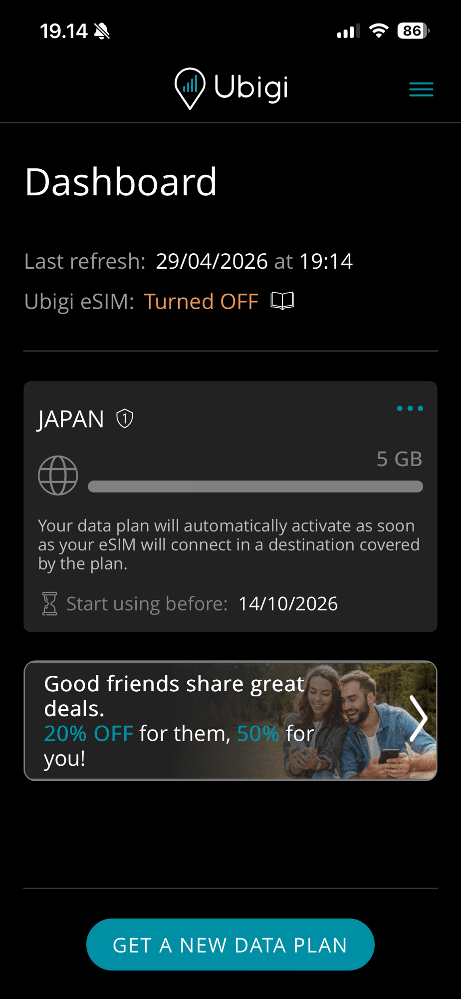 Ubigi app dashboard med Japan datapakke